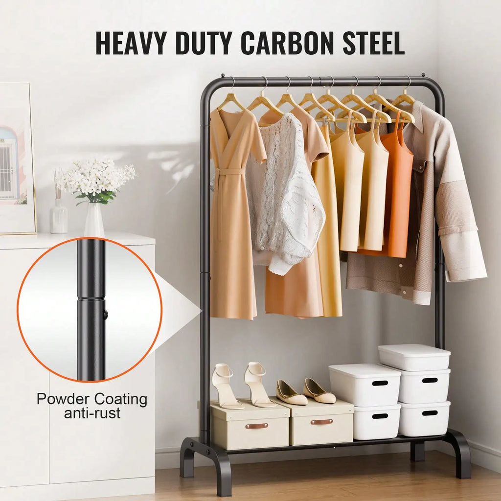 Modern Matte Black Freestanding Clothing Rack with Integrated Shoe & Storage Shelf
