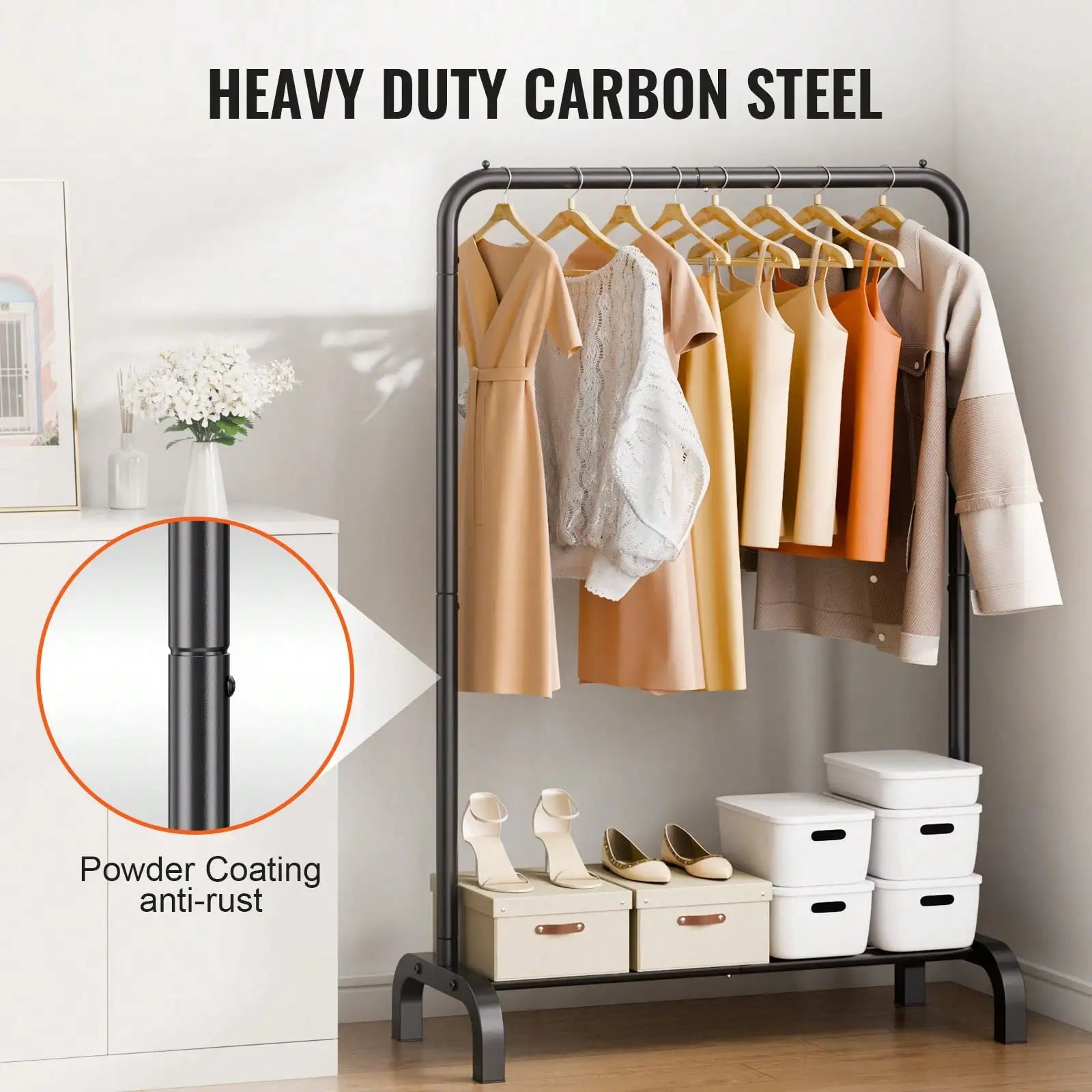 Modern Matte Black Freestanding Clothing Rack with Integrated Shoe & Storage Shelf