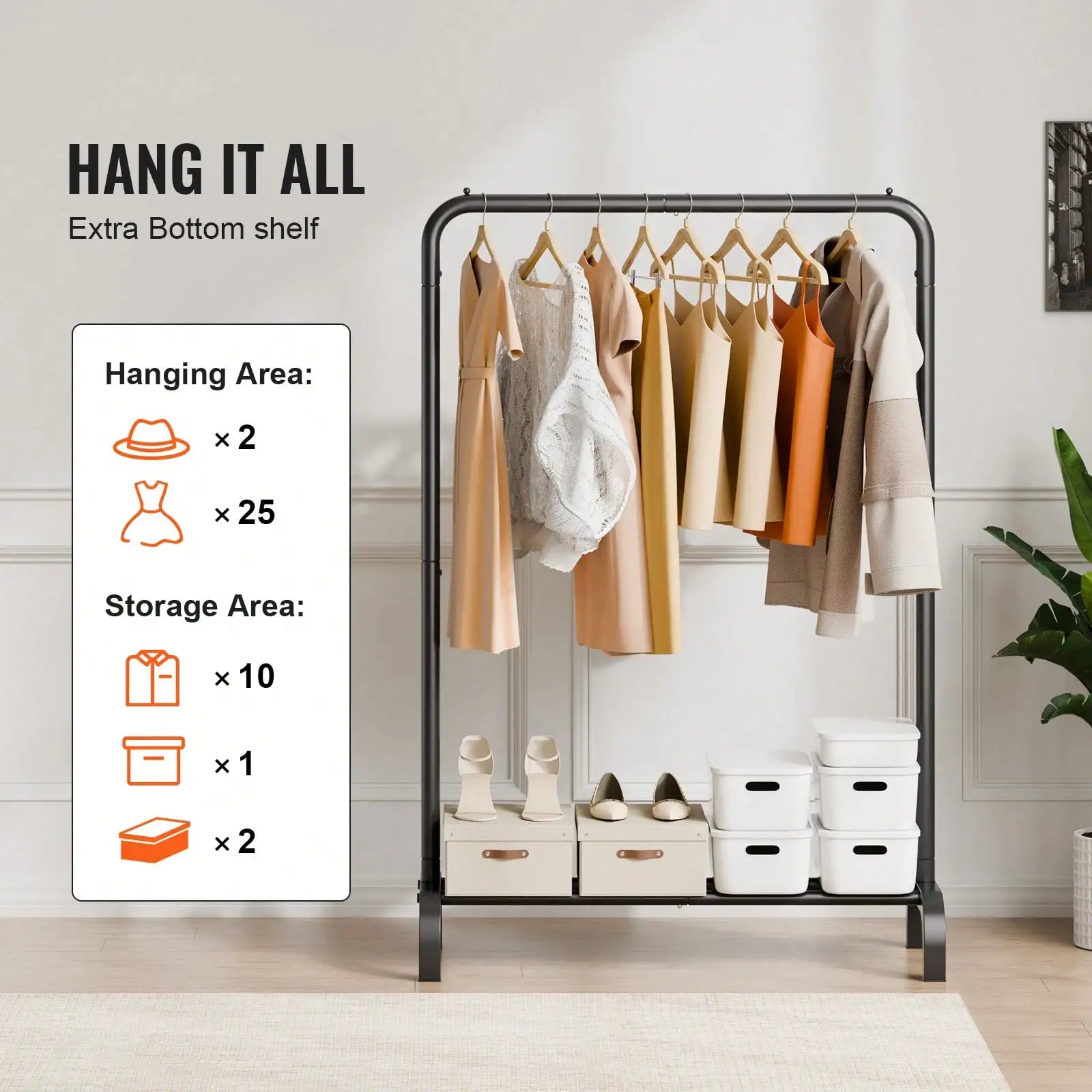 Modern Matte Black Freestanding Clothing Rack with Integrated Shoe & Storage Shelf