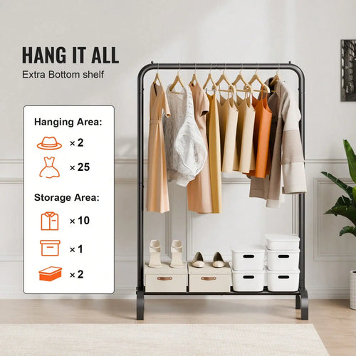 Modern Matte Black Freestanding Clothing Rack with Integrated Shoe & Storage Shelf