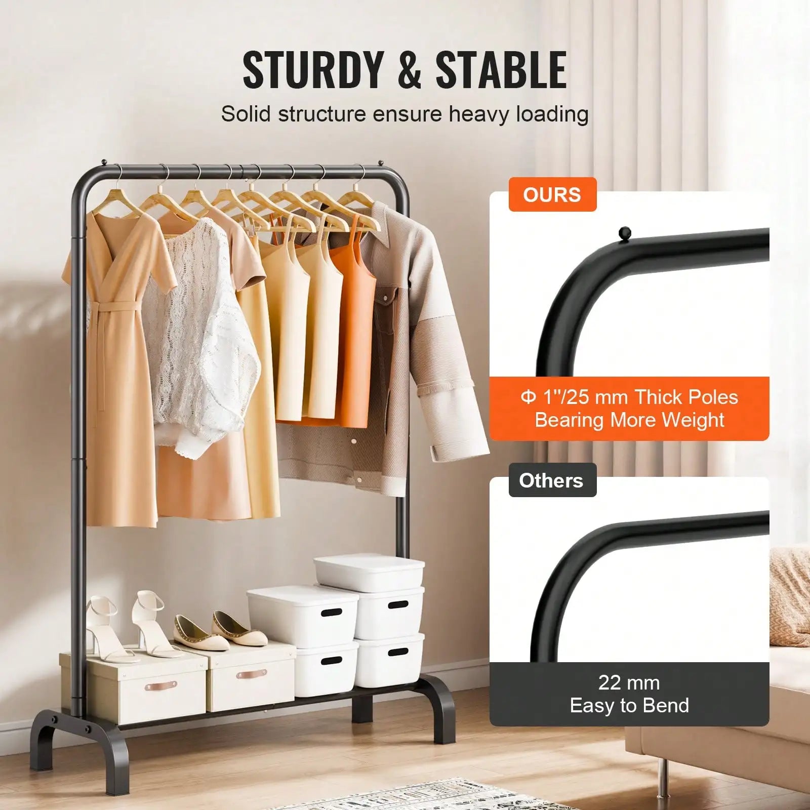 Modern Matte Black Freestanding Clothing Rack with Integrated Shoe & Storage Shelf