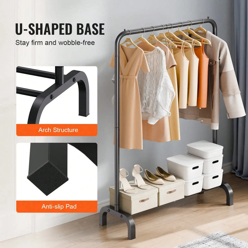 Modern Matte Black Freestanding Clothing Rack with Integrated Shoe & Storage Shelf