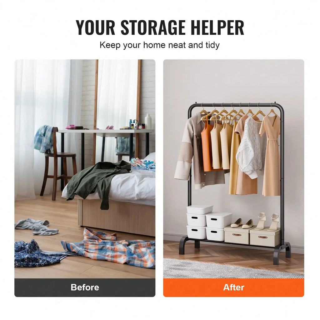 Modern Matte Black Freestanding Clothing Rack with Integrated Shoe & Storage Shelf