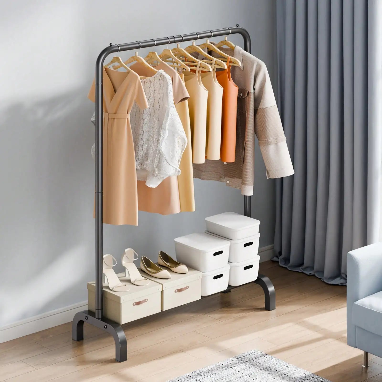 Modern Matte Black Freestanding Clothing Rack with Integrated Shoe & Storage Shelf